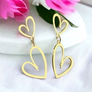 Gold Heart Double Love Earrings Dangle Drop Cutout Hearts Nwt